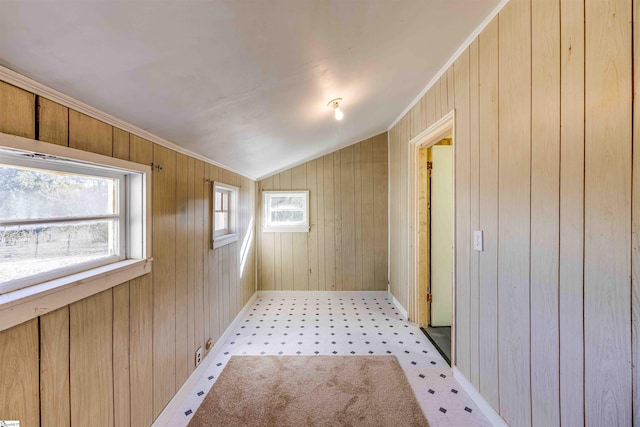 interior space featuring crown molding, wood walls, and vaulted ceiling