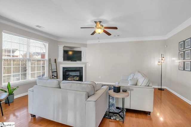 living room with wood-type flooring, ceiling fan, and crown molding