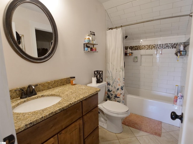 full bathroom featuring tile patterned flooring, vanity, shower / tub combo with curtain, and toilet