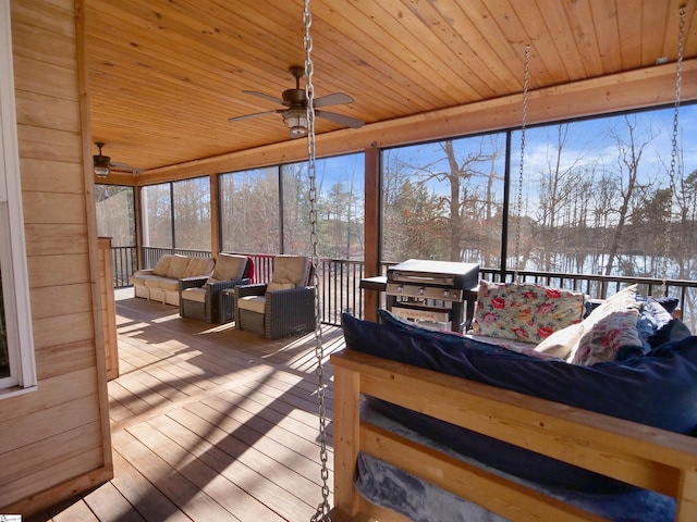 sunroom / solarium featuring ceiling fan and wood ceiling