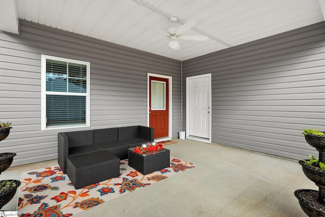 view of patio with ceiling fan and an outdoor hangout area