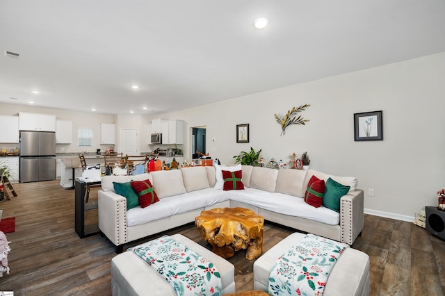 living room with dark hardwood / wood-style floors and sink