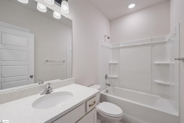 full bathroom featuring vanity,  shower combination, and toilet