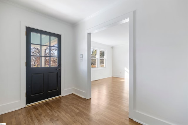 entrance foyer featuring wood-type flooring and ornamental molding