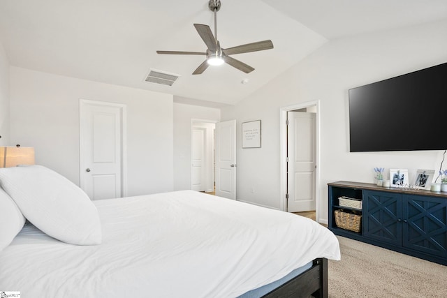 bedroom featuring carpet flooring, a closet, ceiling fan, and lofted ceiling