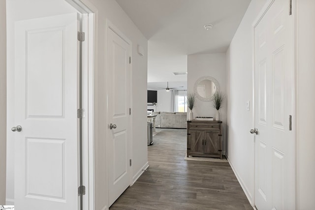 hallway with dark hardwood / wood-style floors