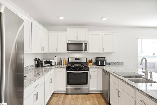 kitchen with white cabinets, sink, light wood-type flooring, and stainless steel appliances