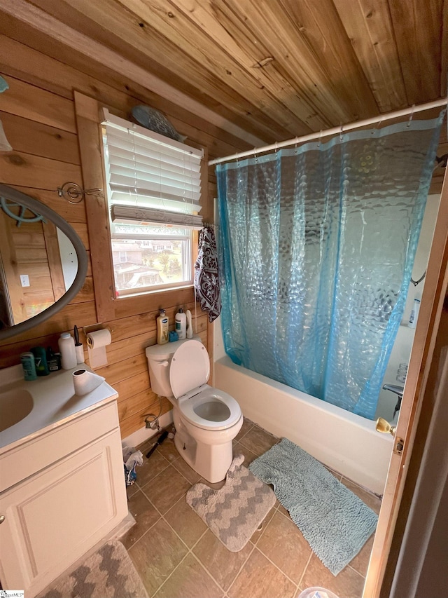 full bathroom featuring wood walls, vanity, wooden ceiling, and toilet