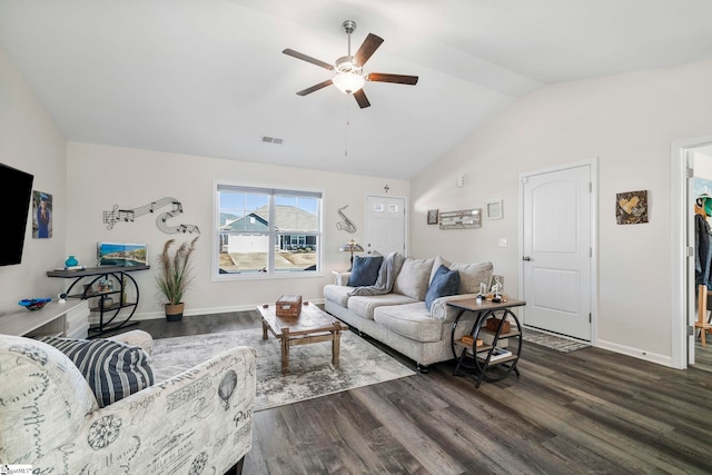 living room featuring ceiling fan, dark wood-type flooring, and lofted ceiling