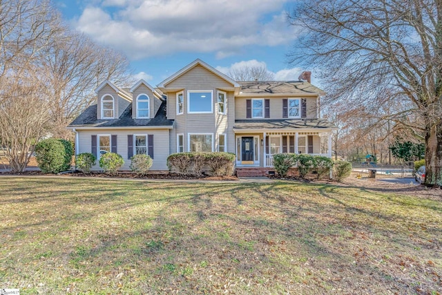 view of front of home with a porch and a front yard