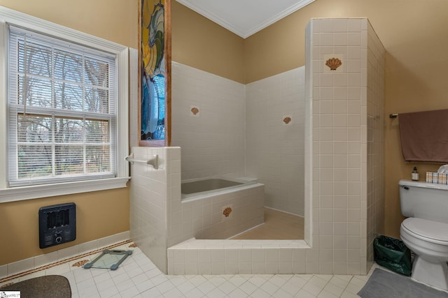 bathroom with a shower, tile patterned flooring, toilet, ornamental molding, and heating unit