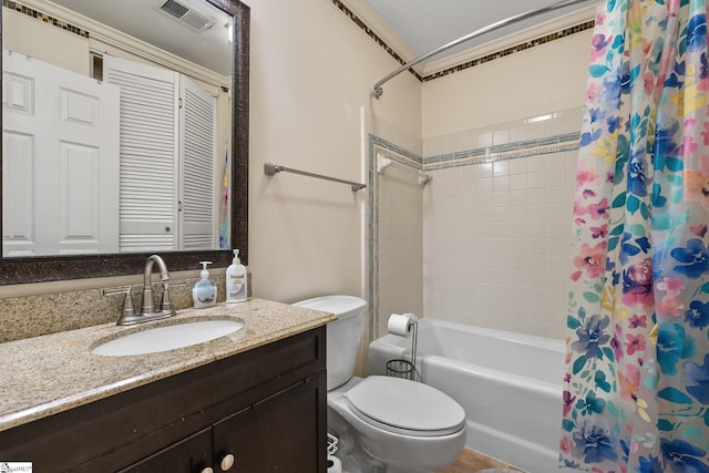 full bathroom featuring vanity, toilet, shower / bathtub combination with curtain, and ornamental molding