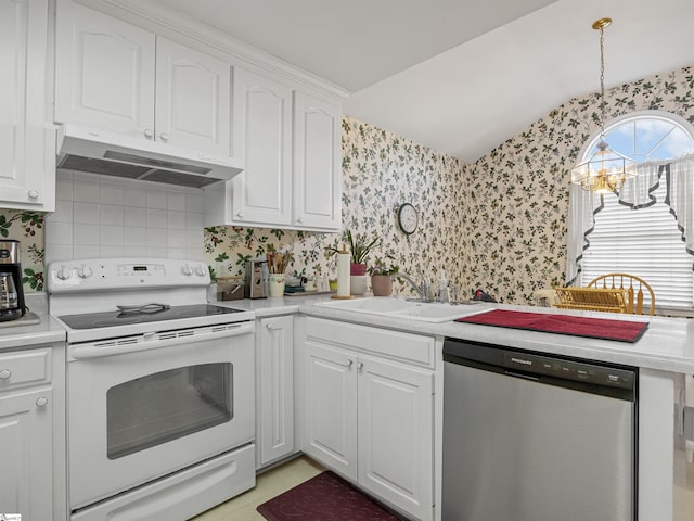 kitchen with white cabinets, sink, decorative light fixtures, dishwasher, and white electric range