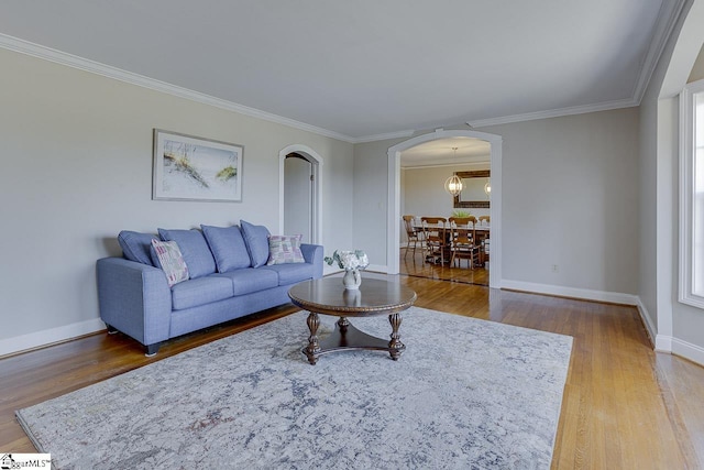 living room featuring hardwood / wood-style flooring and crown molding