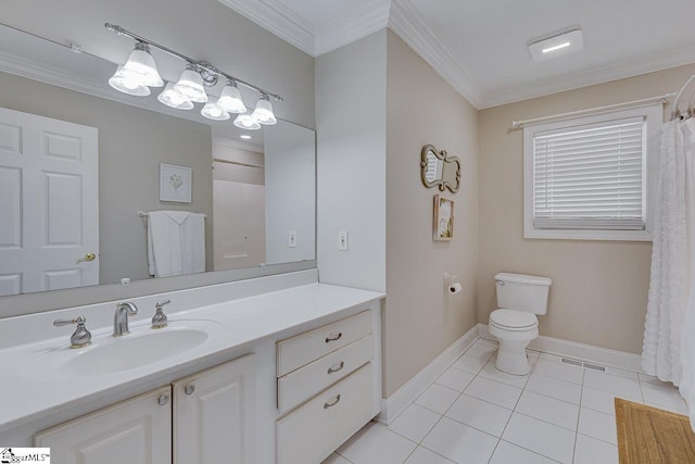 bathroom featuring toilet, vanity, tile patterned floors, and ornamental molding