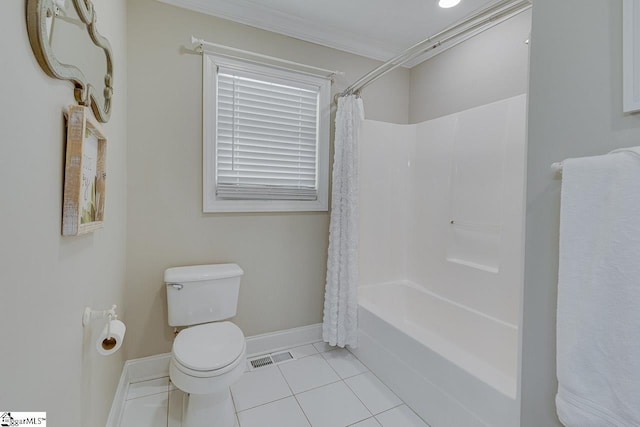 bathroom with tile patterned floors, toilet, shower / tub combo with curtain, and ornamental molding