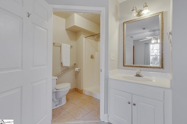 bathroom with vanity, tile patterned floors, ceiling fan, toilet, and walk in shower