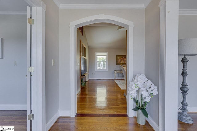 hall featuring wood-type flooring and ornamental molding