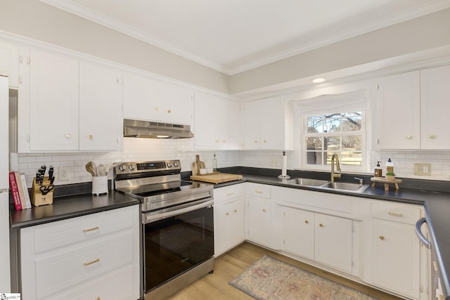 kitchen featuring stainless steel range with electric stovetop, white cabinets, sink, and exhaust hood