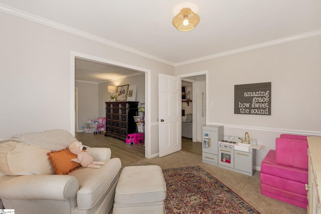 carpeted living room with crown molding