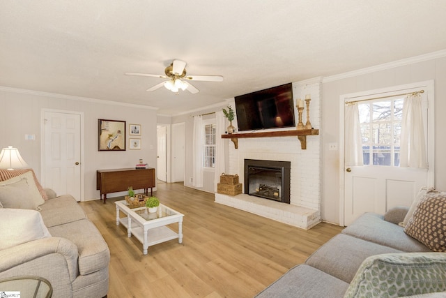 living room with a fireplace, light hardwood / wood-style floors, ceiling fan, and crown molding