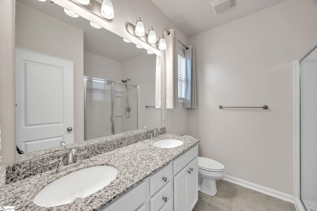 bathroom with tile patterned floors, vanity, toilet, and a shower with shower door