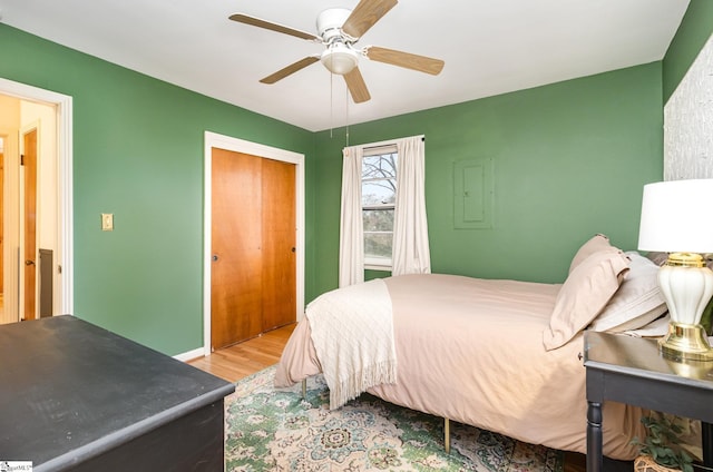 bedroom with ceiling fan, light hardwood / wood-style floors, and a closet