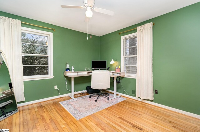 office area featuring ceiling fan and light hardwood / wood-style flooring