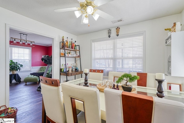 dining area featuring a textured ceiling, ceiling fan, dark wood-type flooring, and a wealth of natural light