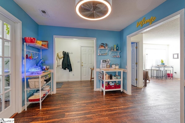 interior space with dark hardwood / wood-style floors, plenty of natural light, and a textured ceiling