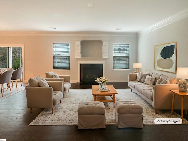 living room with ornamental molding and wood-type flooring