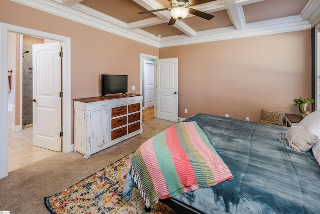 carpeted bedroom featuring ceiling fan, crown molding, beamed ceiling, and coffered ceiling