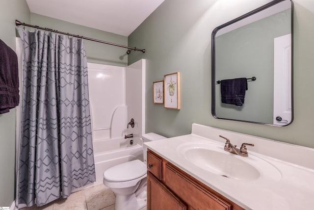 full bathroom featuring shower / tub combo, vanity, toilet, and tile patterned floors