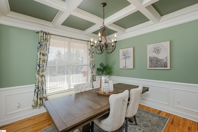 dining space with coffered ceiling, crown molding, beam ceiling, wood-type flooring, and a notable chandelier