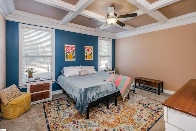 carpeted bedroom featuring ceiling fan, beamed ceiling, and coffered ceiling