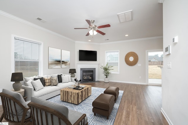 living room with ceiling fan, crown molding, and hardwood / wood-style floors