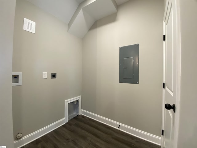 laundry room featuring electric panel, dark wood-type flooring, electric dryer hookup, and washer hookup