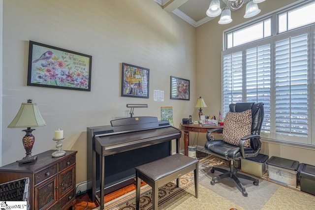 interior space featuring an inviting chandelier and ornamental molding