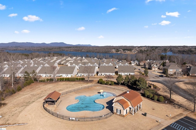 drone / aerial view featuring a mountain view