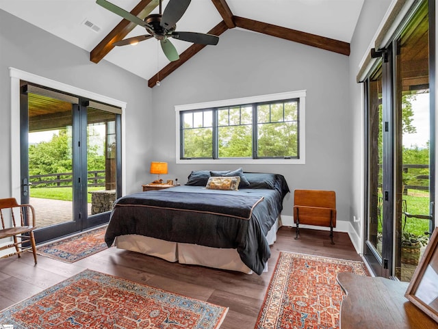 bedroom featuring beamed ceiling, high vaulted ceiling, ceiling fan, and wood-type flooring