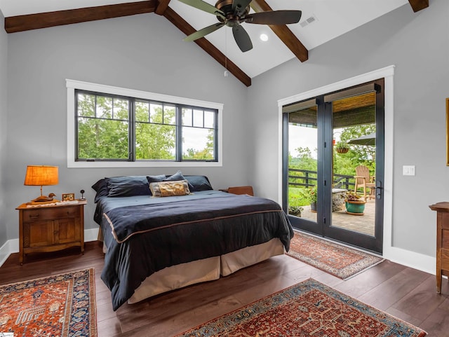 bedroom with access to exterior, ceiling fan, beamed ceiling, and dark wood-type flooring