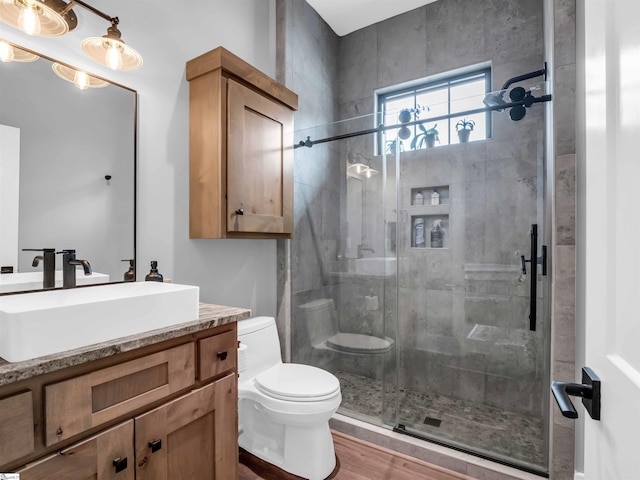 bathroom featuring hardwood / wood-style floors, an enclosed shower, vanity, and toilet