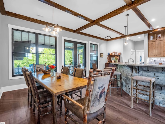 dining room with coffered ceiling, dark wood-type flooring, beamed ceiling, and a chandelier