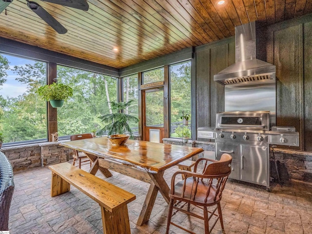 sunroom / solarium with ceiling fan and wood ceiling