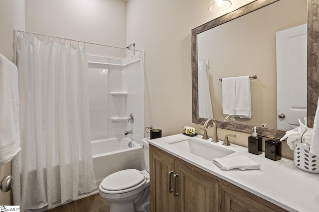 full bathroom with toilet, shower / tub combo, and vanity