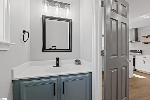 bathroom with hardwood / wood-style floors, backsplash, and vanity