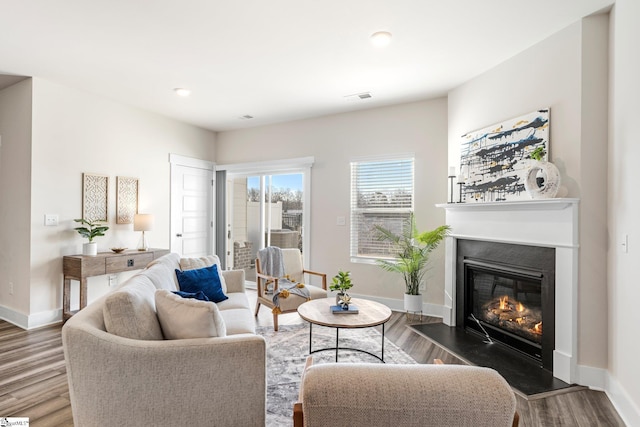 living room with dark hardwood / wood-style floors