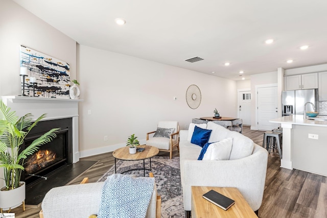 living room featuring sink and dark hardwood / wood-style flooring