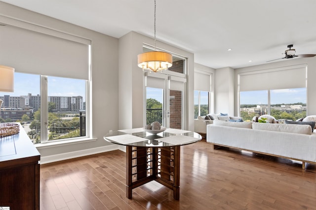 dining room featuring ceiling fan and dark hardwood / wood-style flooring