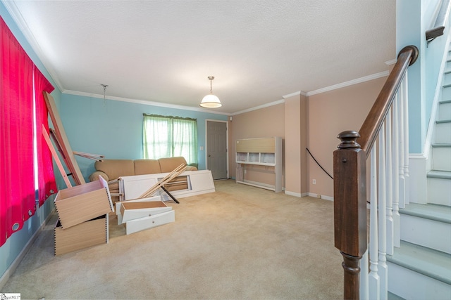 carpeted living room featuring ornamental molding